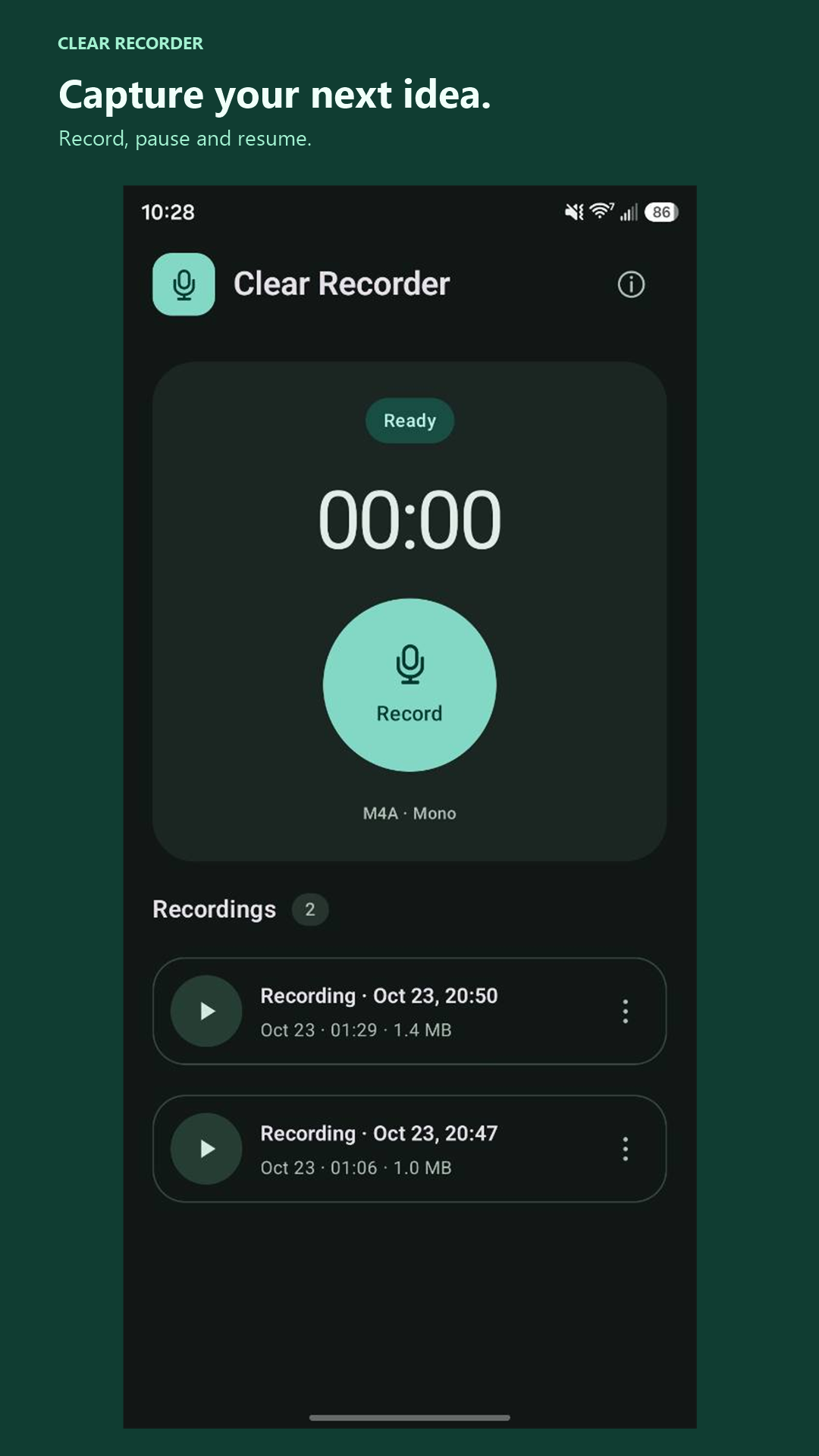 Clear Recorder Ready screen with a Record button and two saved recordings