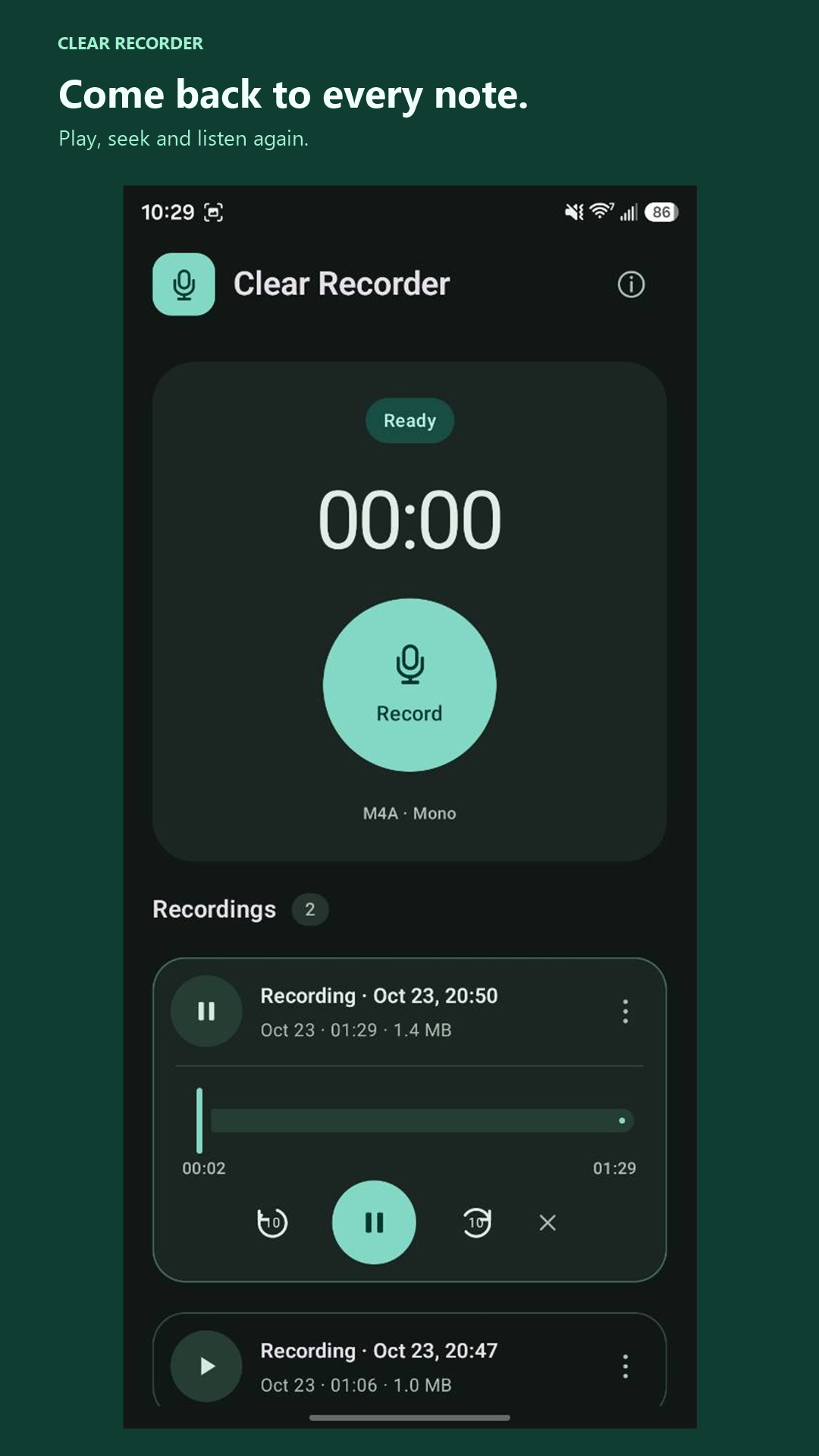 Clear Recorder playing a saved recording with pause, seek and ten-second skip controls